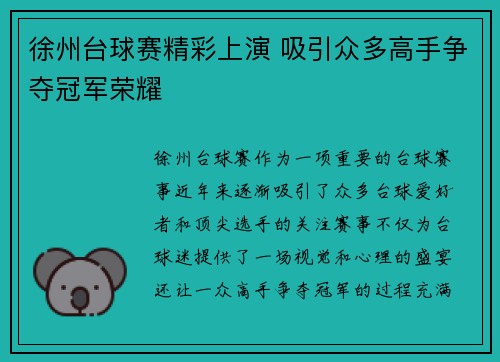徐州台球赛精彩上演 吸引众多高手争夺冠军荣耀